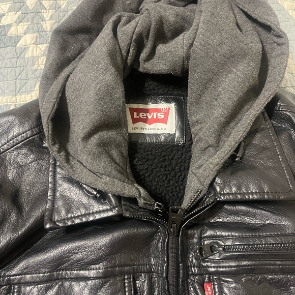 Levi's Black Leather Jacket with Gray Hood - Picture 2 of 6